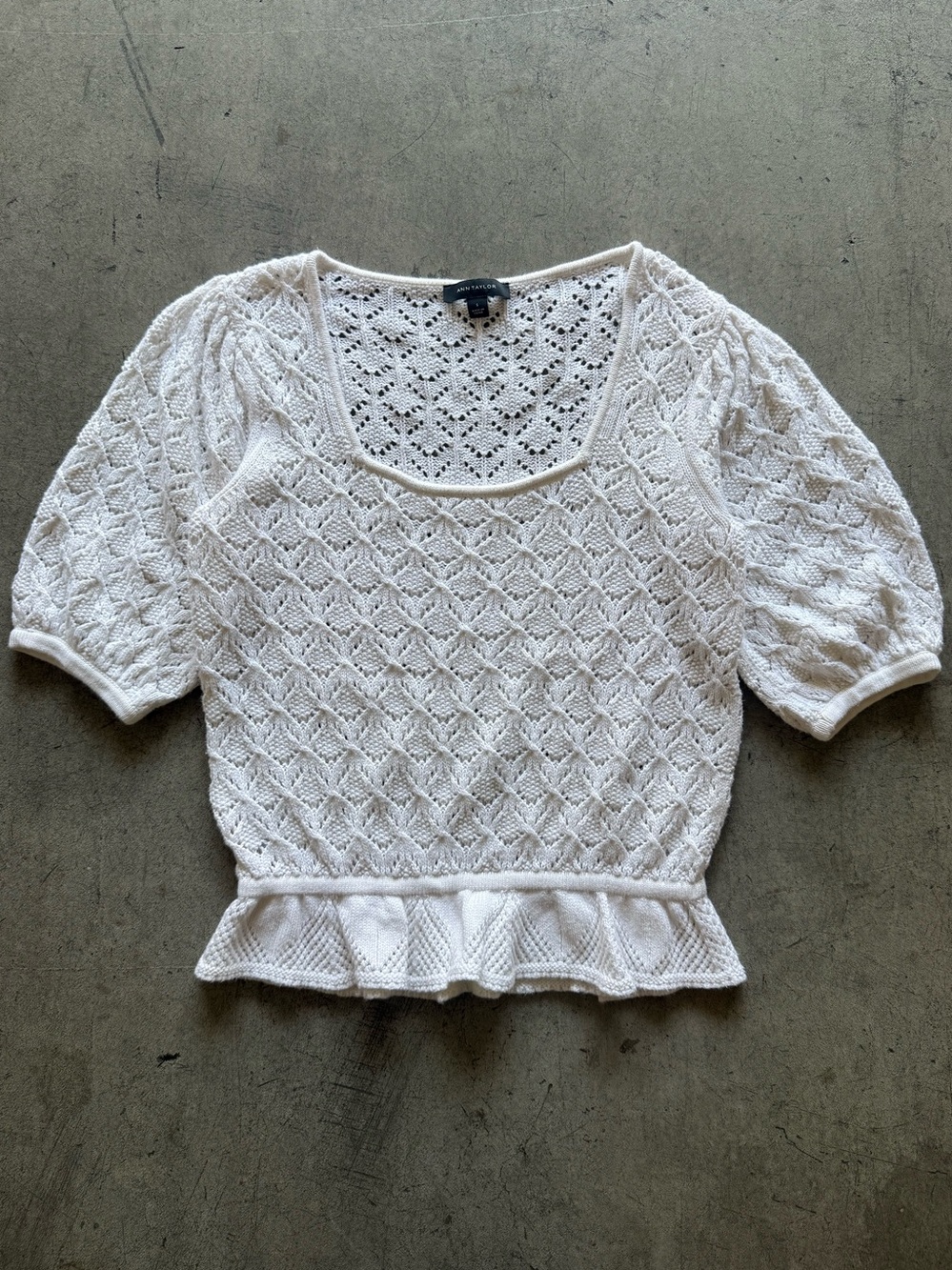 Ann Taylor Women's Cream Knit Peplum Top - Crochet Festival Summer